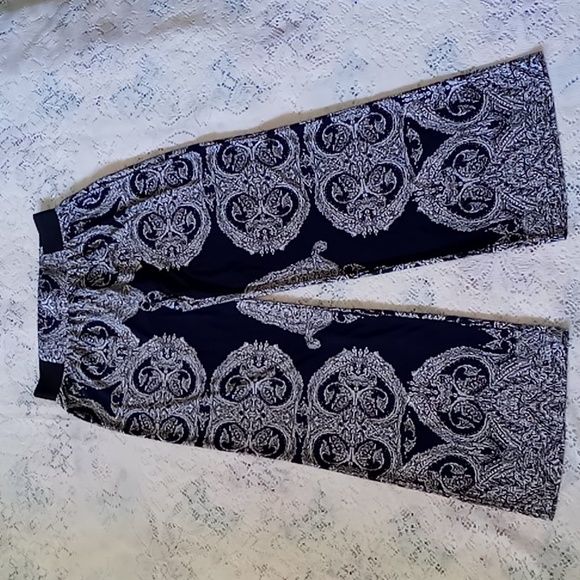 INC International Concepts Petite Paisley Wide Leg Pull On Pants Size P/S Navy - Picture 2 of 11